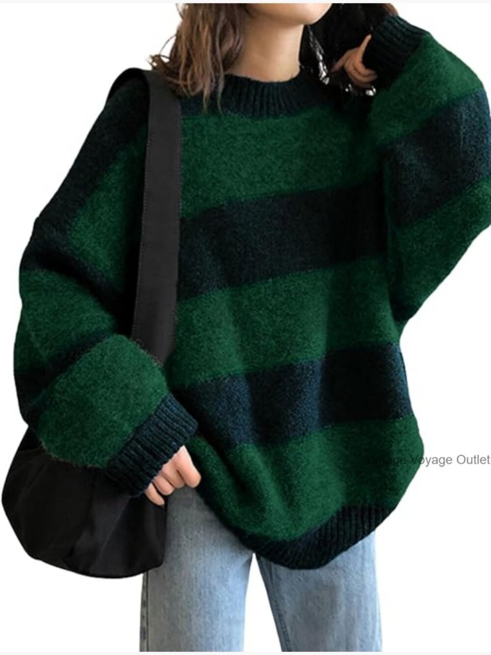 Oversized Striped Sweater Pullover Long Sleeve Crewneck Knit Top